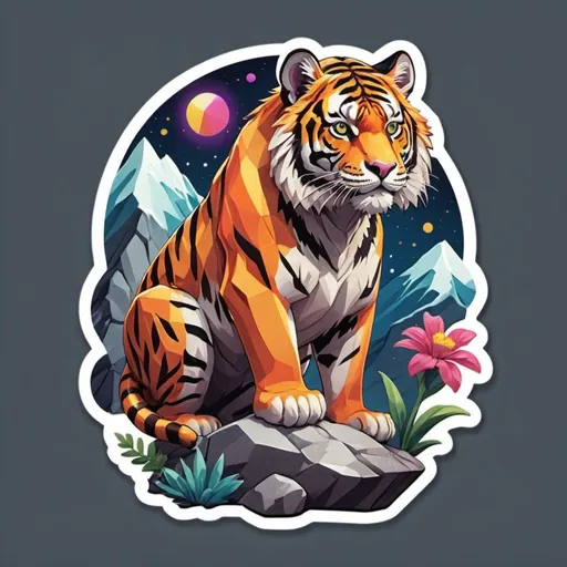 Prompt: Sticker, solid background, sharp focus on a detailed illustration of a magnificent tiger perched on a rocky cliff protruding from a mountain in the night sky, floral splash, rainbow colors, Redbubble sticker, splash in vibrant colors, 3D vector art, cute and quirky, Adobe Illustrator, hand-drawn, digital painting, low poly, soft lighting, bird's-eye view, isometric style, retro aesthetic, focused on the character, 4K resolution