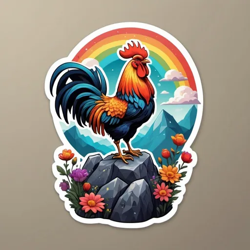 Prompt: This is a sticker with a solid background, depicting a magnificent rooster perched on a rocky cliff protruding from a mountain in the night sky, with flowers splashing and rainbow colors. It's a Redbubble sticker, splashed with vibrant colors, and created using 3D vector art. The style is cute and quirky, hand-drawn in Adobe Illustrator with digital painting techniques, employing low poly and soft lighting. It's presented from a bird's-eye view and isometric style, blending retro aesthetics, with the character as the focal point, in 4K resolution.