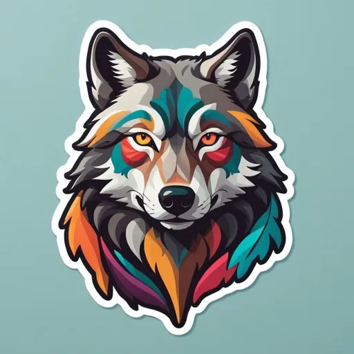 Prompt: Sticker, solid background， depiction of a wolf using minimal design elements and bright colors