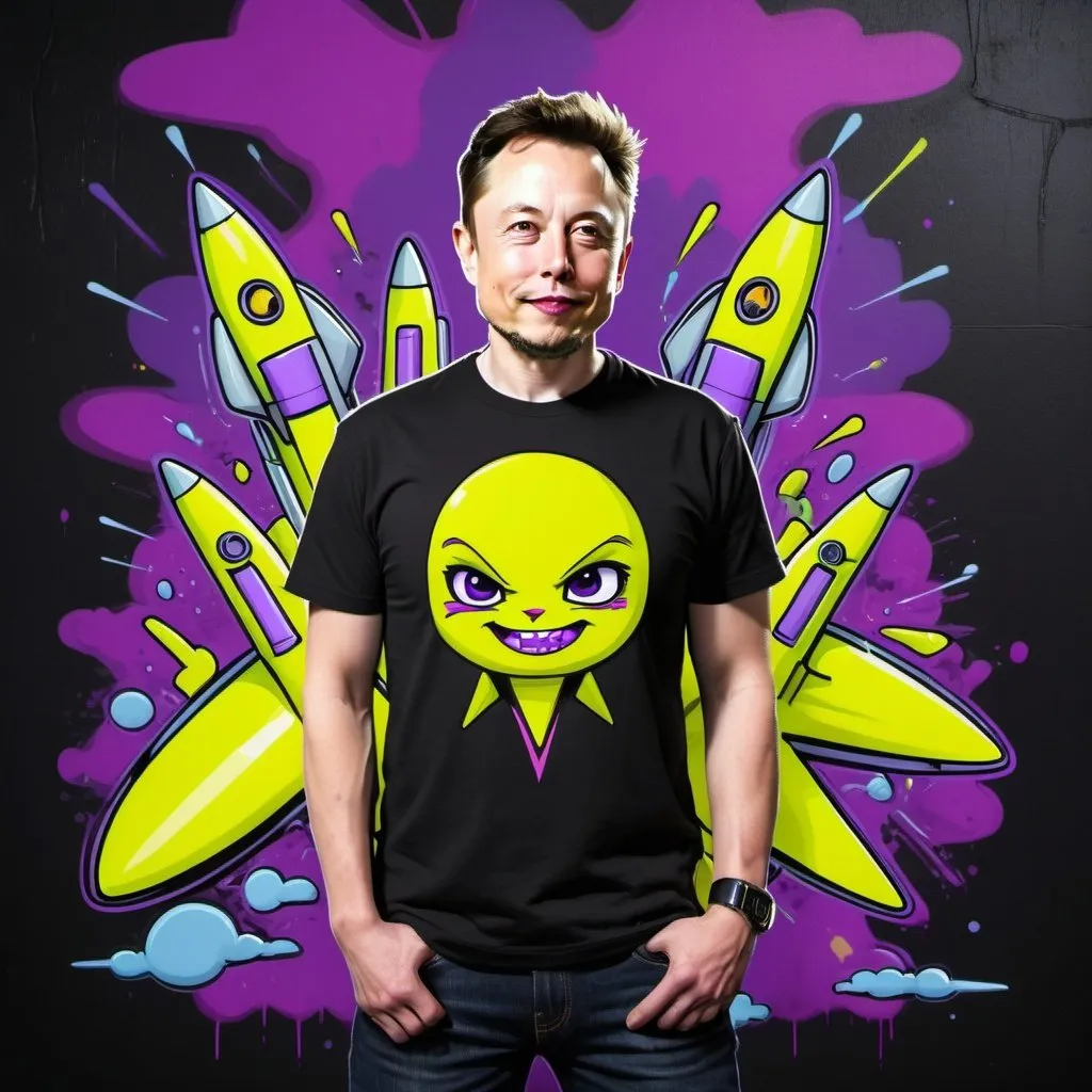 Prompt: Cartoon graffit gangster elon musk cartoon mini characture wearing a rocket t shirt with graffiti wall behind him of a starship  rocket graffiti bomb neon yellow and neon purple 