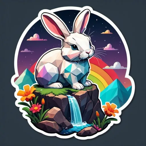 Prompt: This sticker, with a solid background, intricately depicts a magnificent and adorable rabbit perched on a rocky cliff atop a mountain in the night sky, with flowers splashing in rainbow colors. It's a Redbubble sticker, bursting with vibrant colors, crafted using 3D vector art. The style is cute and quirky, hand-drawn in Adobe Illustrator with digital painting techniques, featuring low poly and soft lighting. Presented from a bird's-eye view and isometric style, it embodies retro aesthetics, with the character as the focal point, in 4K resolution.