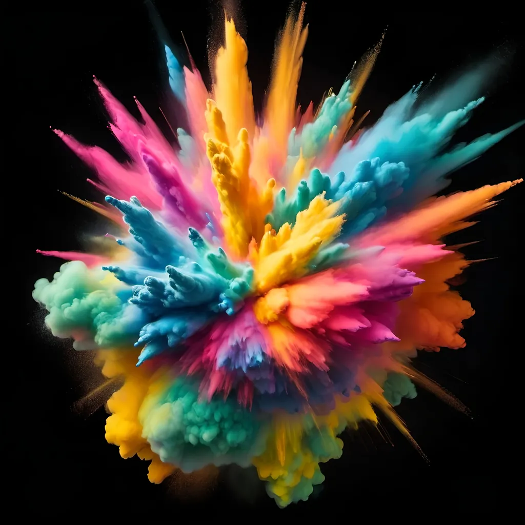 Prompt: A centered explosion of colorful powder on a black background