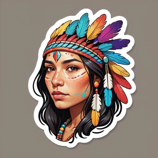 Prompt: Sticker, solid background, detailed cartoon illustration of a gorgeous Native American girl's face in profile, floral splash, rainbow colors, Redbubble sticker, vibrant color splash, 3D vector art, cute and quirky, Adobe Illustrator, hand-drawn, digital painting, low poly, soft lighting, bird's-eye view, isometric style, retro aesthetic, focused on the character, 4K resolution.