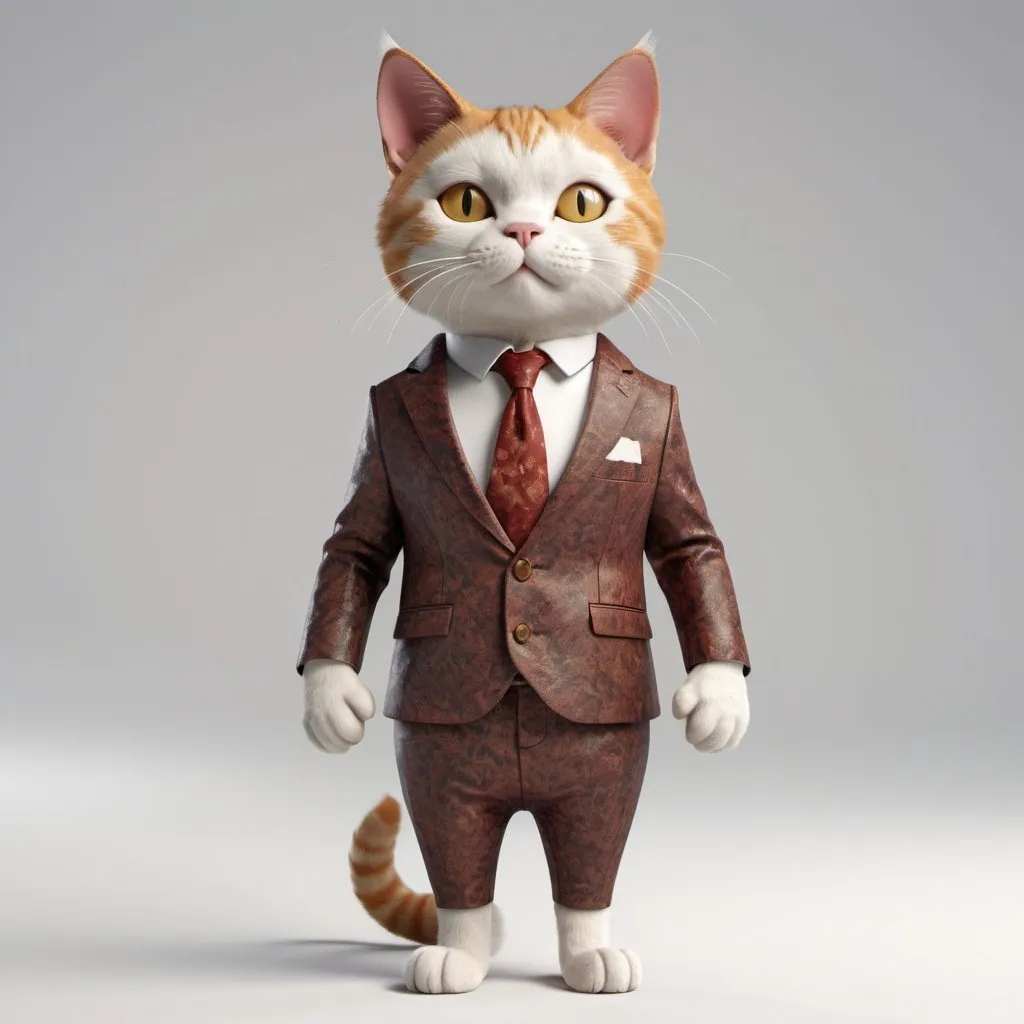 Prompt: A cat wearing a fashionable suit stands upright like a person against a white background, with warm tones, facing the camera, emanating a healing vibe. Created in 3D using Blender software, rendered with the Redshift rendering engine, with lifelike details, in high definition, at 8K resolution.