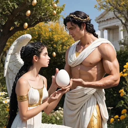 Prompt: on a garden Greek god Helios giving advice to a girl with black braided hair holding an white golden egg 