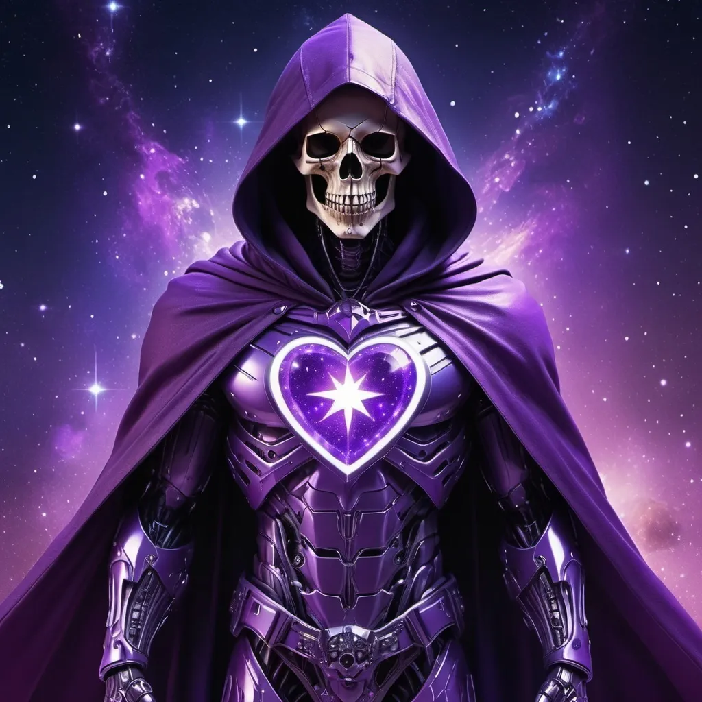 Prompt: A skull hero with a cape and hood in space with futuristic armor full body purple theme realistic +a very shining purple heart