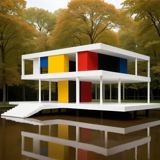 Prompt: Project Idea: The project idea is to combine the architectural principles of the Dutch architect Mies van der Rohe with the artistic principles of the Dutch artist Piet Mondrian.

Conceptualization: This idea is materialized through creating a three-dimensional model representing columns symbolizing architecture, intersecting with colored cubes representing art.

Final Artwork: The project aims to create an artwork resembling the Farnsworth House, a renowned architectural masterpiece that combines Mies van der Rohe's architectural elegance with Mondrian's artistic direction and distinctive vibrant colors.

Integration of Architecture and Art Properly: The final artwork is achieved by properly integrating the principles of architecture and art, blending elements of elegance, simplicity, and vibrant colors in a harmonious way that creates a distinctive artistic balance, similar to what was accomplished in the Farnsworth House.

