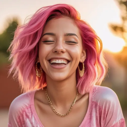 Prompt: Portrait of a Latin woman, head tilted back, laughing with eyes closed, golden hour lighting, colorful outfit, vibrant pink hair, 8k resolution, detailed facial features, joyful expression, warm and vibrant color tones, outdoor setting, high quality, realistic, detailed hair, expressive eyes