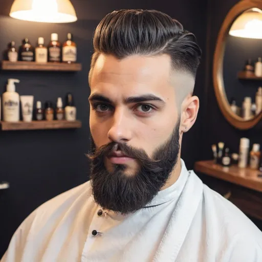 Prompt: Foto de um modelo para barbearia com barba e estilo sofisticado 