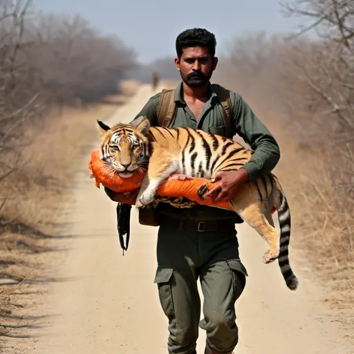 Prompt: A Hunter carrying a dead body of a tiger