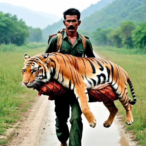 Prompt: A Hunter carrying a big dead body of a tiger