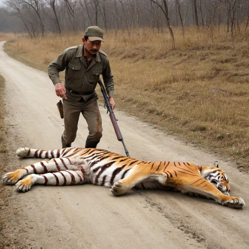 Prompt: A Hunter dragging a dead tiger's body