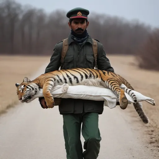 Prompt: A Hunter carrying a dead body of a tiger