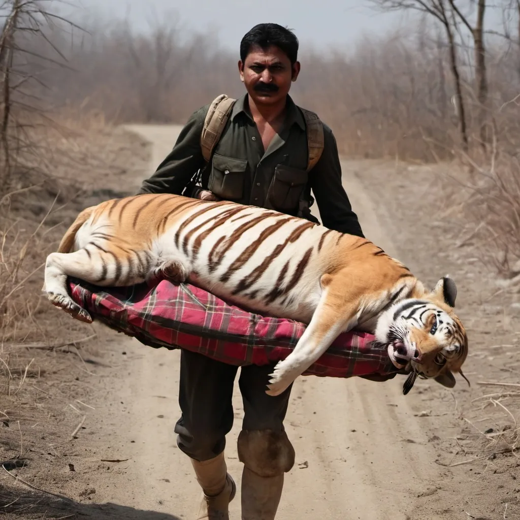 Prompt: A Hunter carrying a big dead body of a tiger