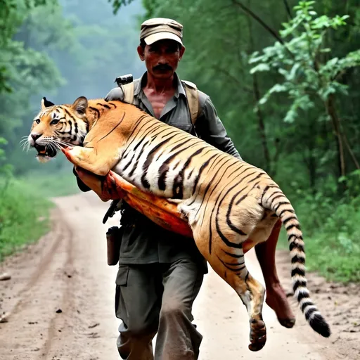 Prompt: A Hunter carrying a big dead body of a tiger