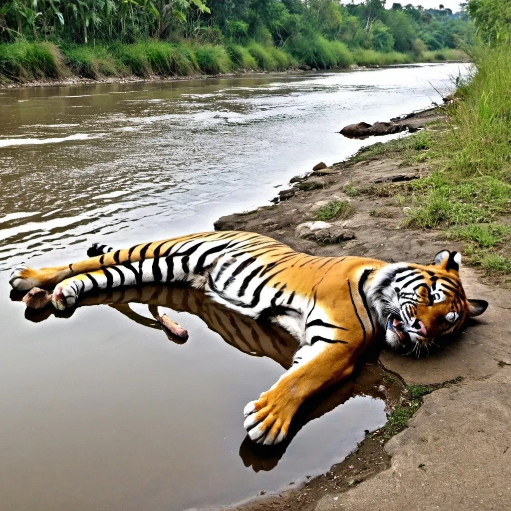 Prompt: Dead tiger by river