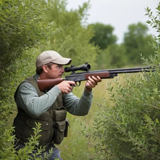 Prompt: Hunter is hunting behind a bush with a gun