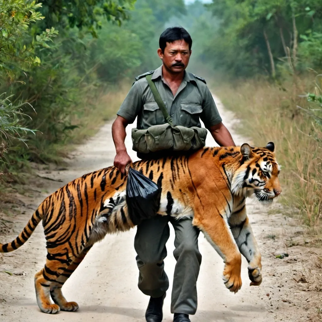 Prompt: A Hunter carrying a dead body of a tiger