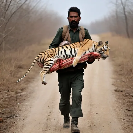 Prompt: A Hunter carrying a dead body of a tiger