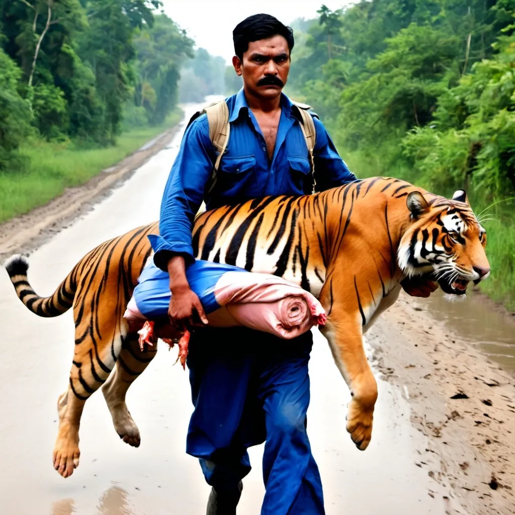 Prompt: A Hunter carrying a big dead body of a tiger