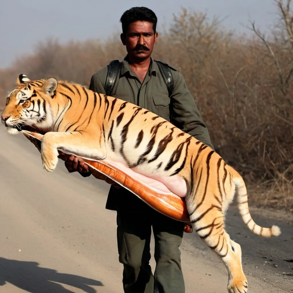 Prompt: A Hunter carrying a big dead body of a tiger