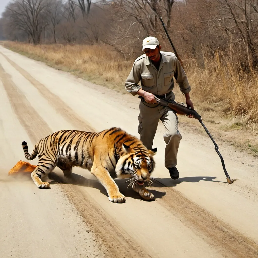 Prompt: A Hunter dragging a dead tiger