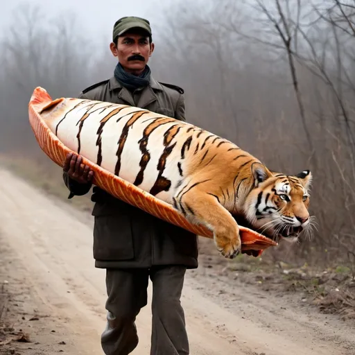 Prompt: A Hunter carrying a big dead body of a tiger