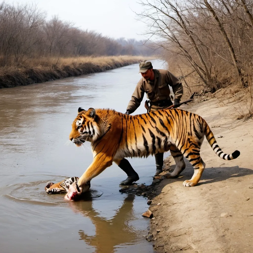 Prompt: A Hunter dragging a dead tiger's body by a river