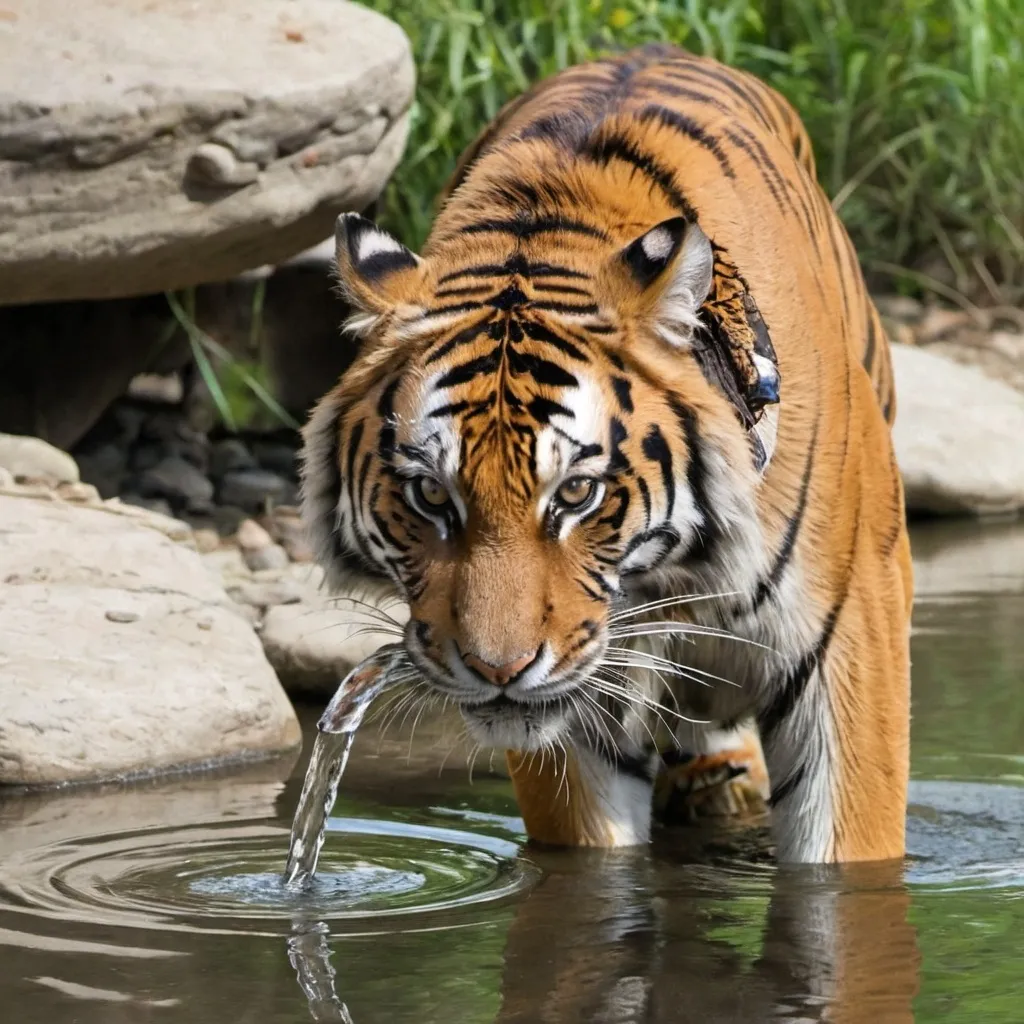 Prompt: A tiger is drinking water from a river