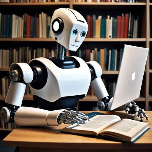 Prompt: robot , books computer