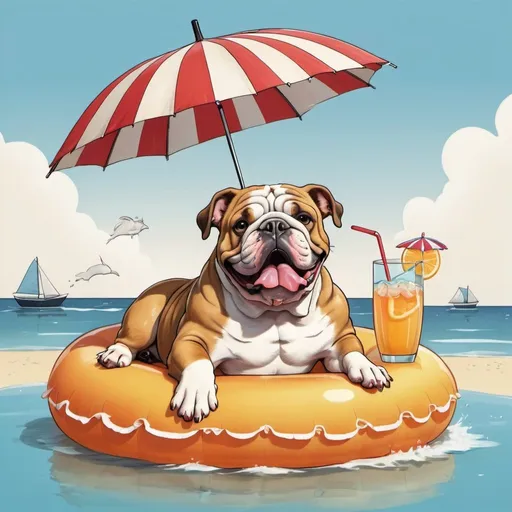 Prompt: a whimsical cartoon of a british bulldog on a floatie on the ocean with a drink with an umbrella