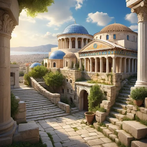 Prompt: ancient greek and christian eastern orthodox architecture combined outside form. a whole city with this architecture in everything