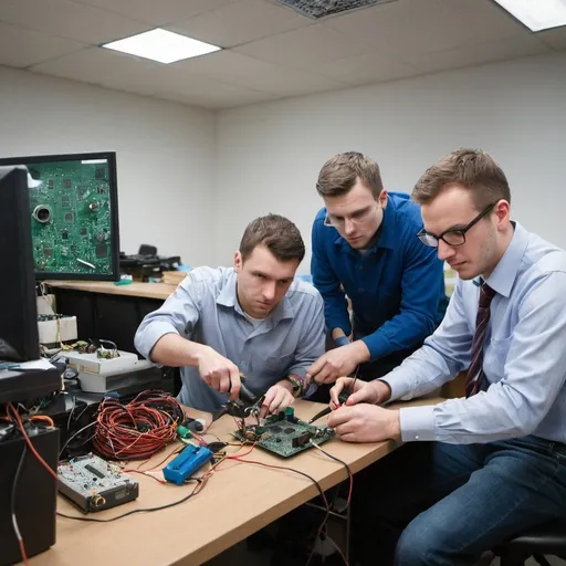 Prompt: 3 guys in the office soldering surveillance cameras