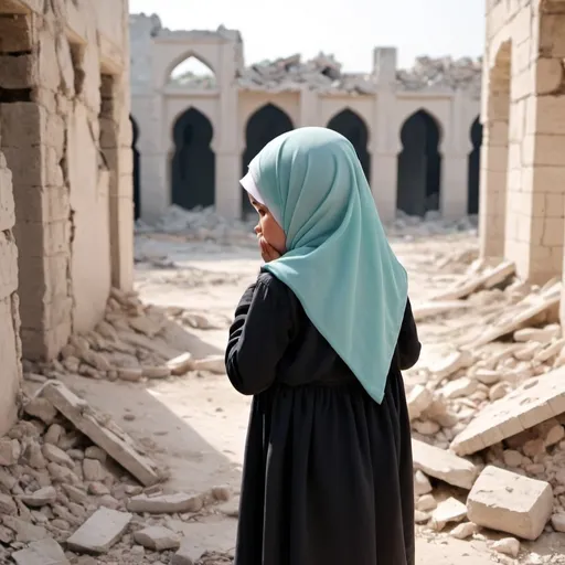 Prompt: A little Muslim girl wearing hijab in the ruins crying from the back angle without showing the face image