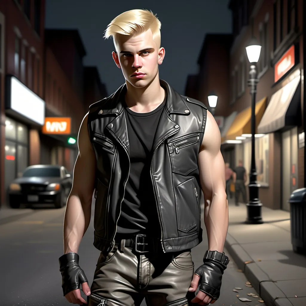 Prompt: Young man with a five o’clock shadow and a blond crew cut. Wearing a black wifebeater shirt under a leather biker’s jacket and pair of grey cargo pants and combat boots, Realistic, detailed clothing, he’s standing in the street at night.