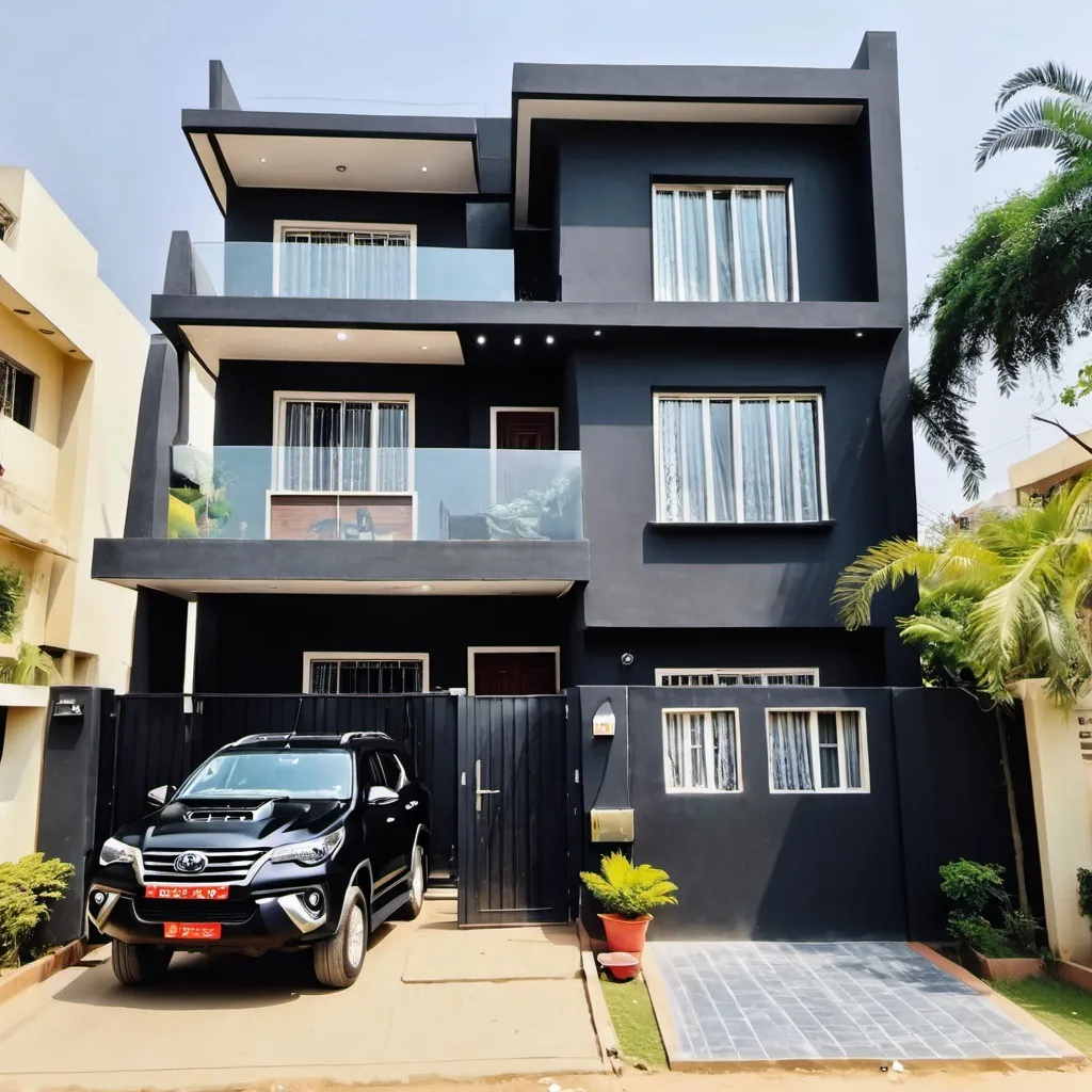 Prompt: One big house 3 Manjil and house colour is black house under 2 car fortuner housefull 3 balcony in black colour house back side in Big garden and two dogs Ghar ke Charon or Deewar aur ghar ki balkani aur jhataka aaj ki ho ghar ke bahar ek fortuner ek tar aur ek Camper Ho white and black