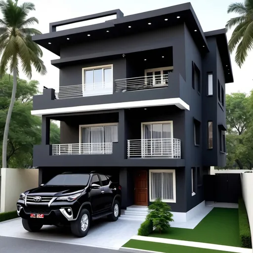 Prompt: One big house 3 Manjil and house colour is black house under 2 car fortuner housefull 3 balcony in black colour house back side in Big garden and two dogs Ghar ke Charon or Deewar aur ghar ki balkani aur jhataka aaj ki ho ghar ke bahar ek fortuner ek tar aur ek Camper Ho white and black