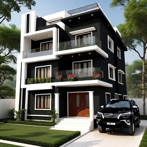 Prompt: One big house 3 Manjil and house colour is black house under 2 car fortuner housefull 3 balcony in black colour house back side in Big garden and two dogs Ghar ke Charon or Deewar aur ghar ki balkani aur jhataka aaj ki ho ghar ke bahar ek fortuner ek tar aur ek Camper Ho white and black