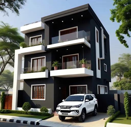 Prompt: One big house 3 Manjil and house colour is black house under 2 car fortuner housefull 3 balcony in black colour house back side in Big garden and two dogs Ghar ke Charon or Deewar aur ghar ki balkani aur jhataka aaj ki ho ghar ke bahar ek fortuner ek tar aur ek Camper Ho white and black