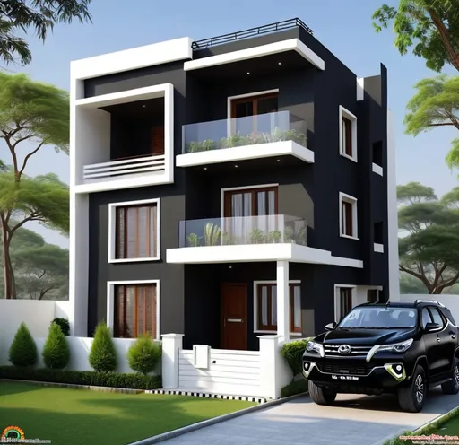 Prompt: One big house 3 Manjil and house colour is black house under 2 car fortuner housefull 3 balcony in black colour house back side in Big garden and two dogs Ghar ke Charon or Deewar aur ghar ki balkani aur jhataka aaj ki ho ghar ke bahar ek fortuner ek tar aur ek Camper Ho white and black