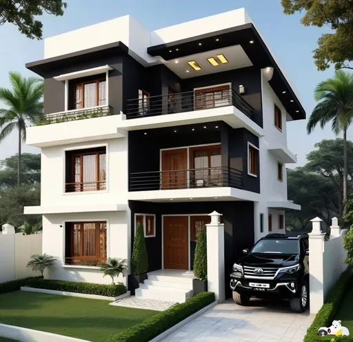 Prompt: One big house 3 Manjil and house colour is black house under 2 car fortuner housefull 3 balcony in black colour house back side in Big garden and two dogs Ghar ke Charon or Deewar aur ghar ki balkani aur jhataka aaj ki ho ghar ke bahar ek fortuner ek tar aur ek Camper Ho white and black