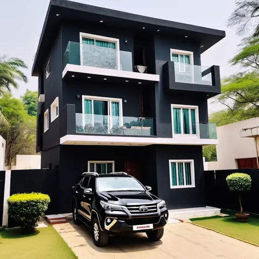 Prompt: One big house 3 Manjil and house colour is black house under 2 car fortuner housefull 3 balcony in black colour house back side in Big garden and two dogs Ghar ke Charon or Deewar aur ghar ki balkani aur jhataka aaj ki ho ghar ke bahar ek fortuner ek tar aur ek Camper Ho white and black