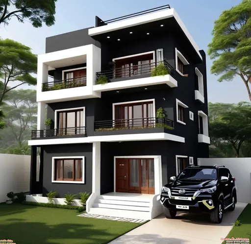 Prompt: One big house 3 Manjil and house colour is black house under 2 car fortuner housefull 3 balcony in black colour house back side in Big garden and two dogs Ghar ke Charon or Deewar aur ghar ki balkani aur jhataka aaj ki ho ghar ke bahar ek fortuner ek tar aur ek Camper Ho white and black