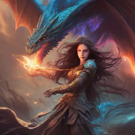Prompt: Beautiful brunette casting spells to fight a dragon, magical fantasy setting, high-quality illustration, intricate details, vibrant colors, fantasy art, flowing magical effects, intense action scene, heroic stance, powerful dragon, magical combat, fantasy, highres, vibrant colors, detailed hair, spellcasting, dynamic composition, dramatic lighting