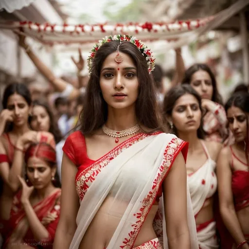 Prompt: Realistic photo of a beautiful woman in white and red saree chiffon saree, fair and flawless skin, slim waist, heavy chest, long wavy hair, floral headpiece, open hair, surrounded by a blurred crowd, high quality, realistic, full body image, vibrant colors, detailed facial features, selective focus, crowded setting, lively atmosphere