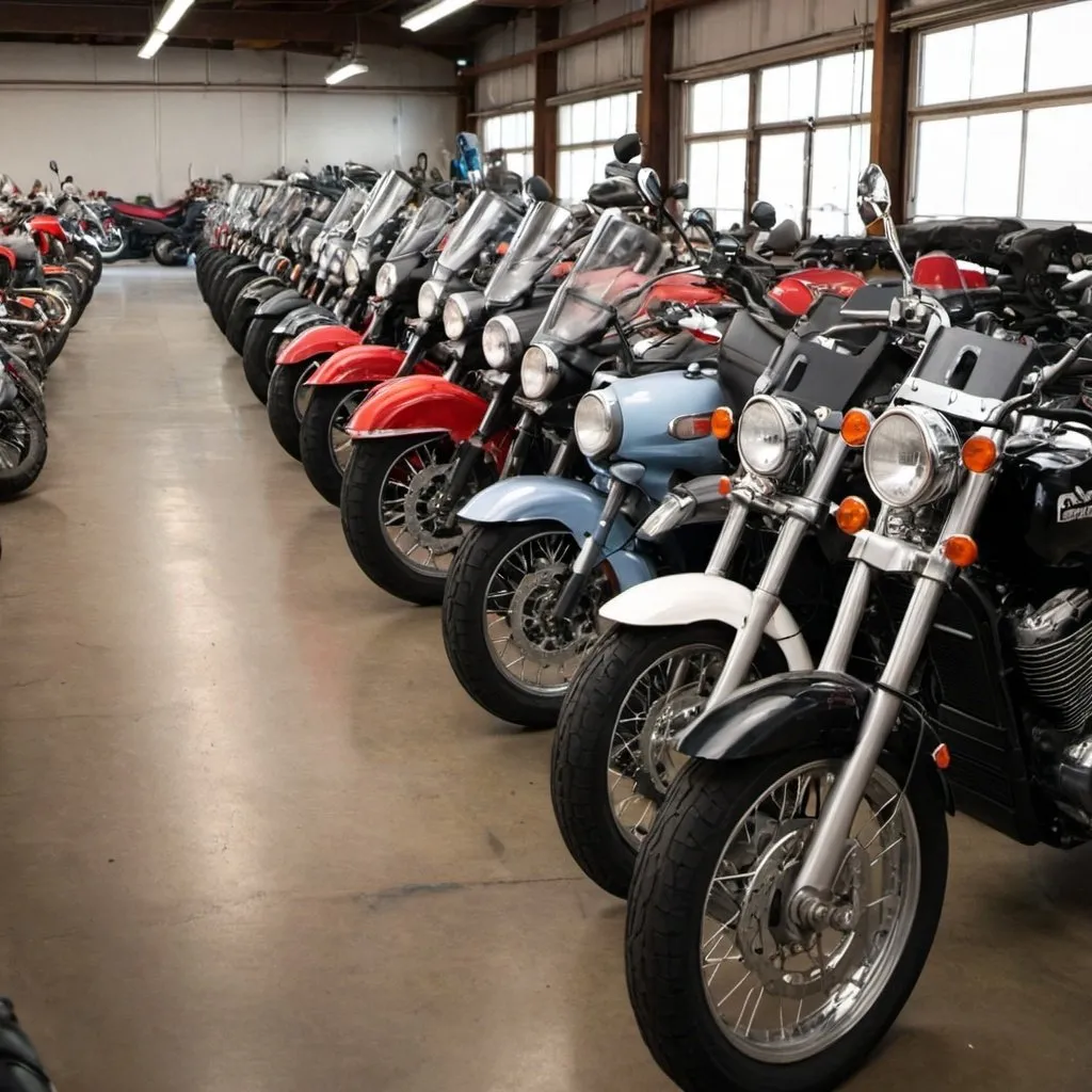 Prompt: photo of a line of unused motorcycles in a garage