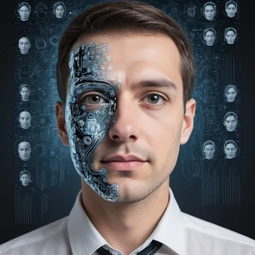 Prompt: Using a human face, generate a 1920 x 1080 pixel image showing the impact of AI on workforce.
