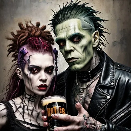 Prompt: rock album oil painting art gritty realism high energy, vibrant color contrast, dynamic and bright, detailed hair and clothes raw and edgy Frankenstein's monster and Bride of Frankenstein wearing punk rock clothes and drinking beers.
