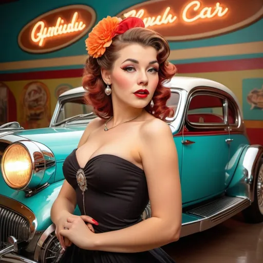 Prompt: Pin-up model posing with a classic car, retro-themed, vintage pin-up style, glamorous attire, bright and vibrant colors, detailed hair and makeup, classic car with chrome accents, high quality, retro, vintage, glamorous, detailed, professional lighting