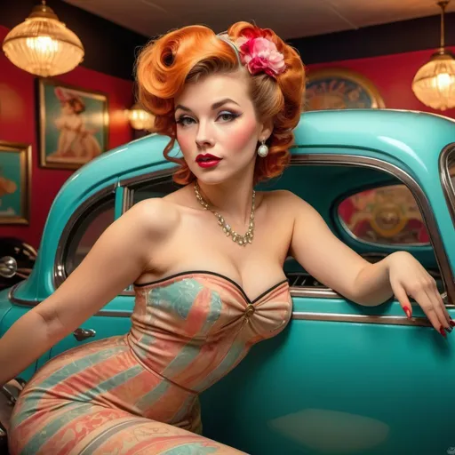 Prompt: Pin-up model posing with a classic car, retro-themed, vintage pin-up style, glamorous attire, bright and vibrant colors, detailed hair and makeup, high quality, vintage, glamorous, detailed, professional lighting